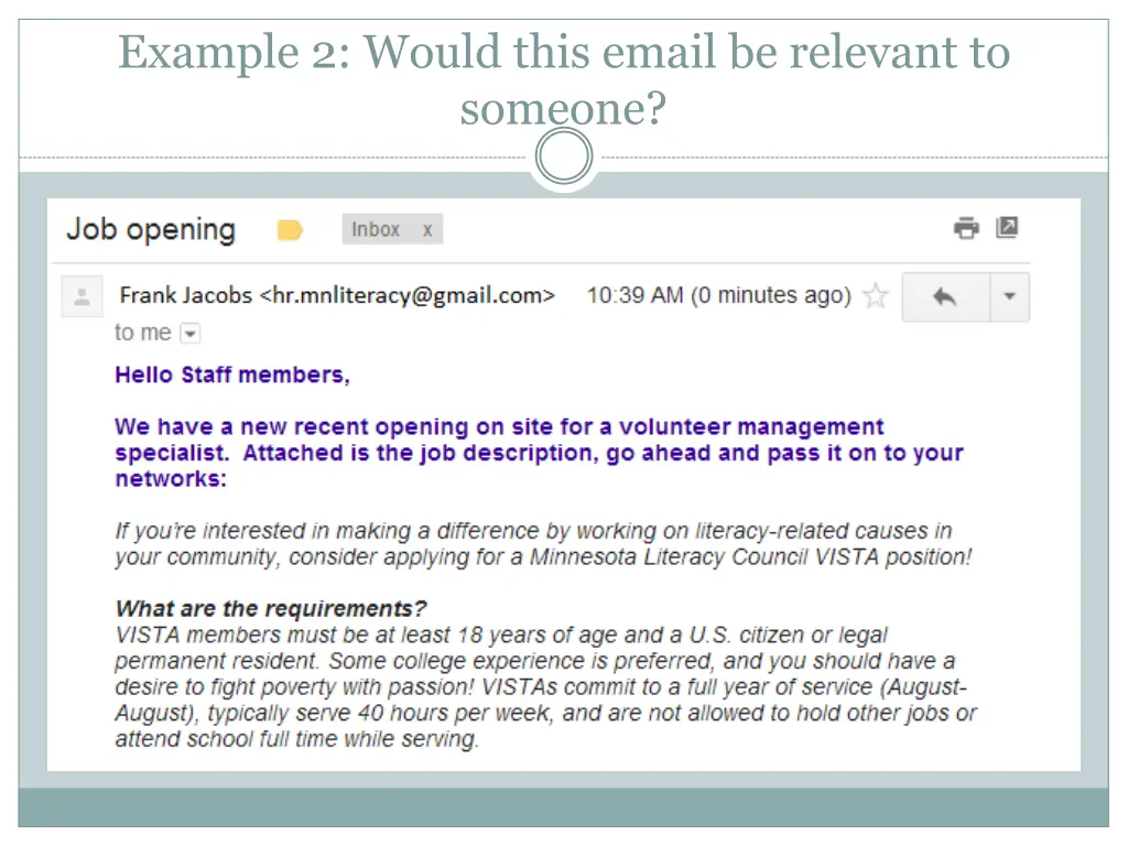 example 2 would this email be relevant to someone