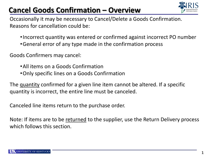 cancel goods confirmation overview occasionally