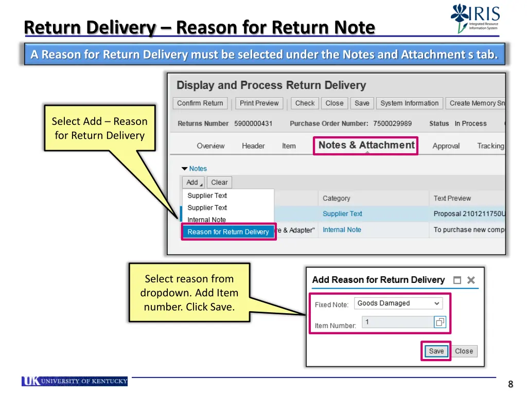 return delivery reason for return note