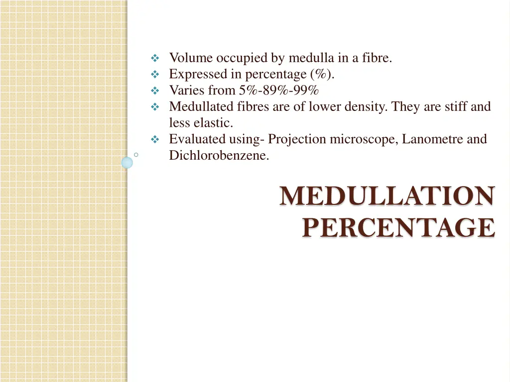 volume occupied by medulla in a fibre expressed