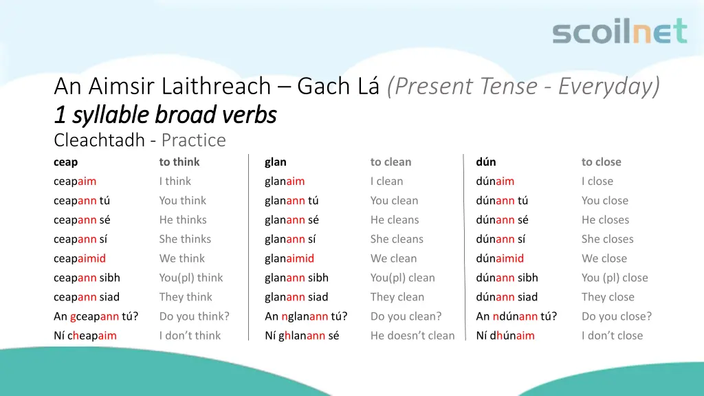 an aimsir laithreach gach l present tense 3