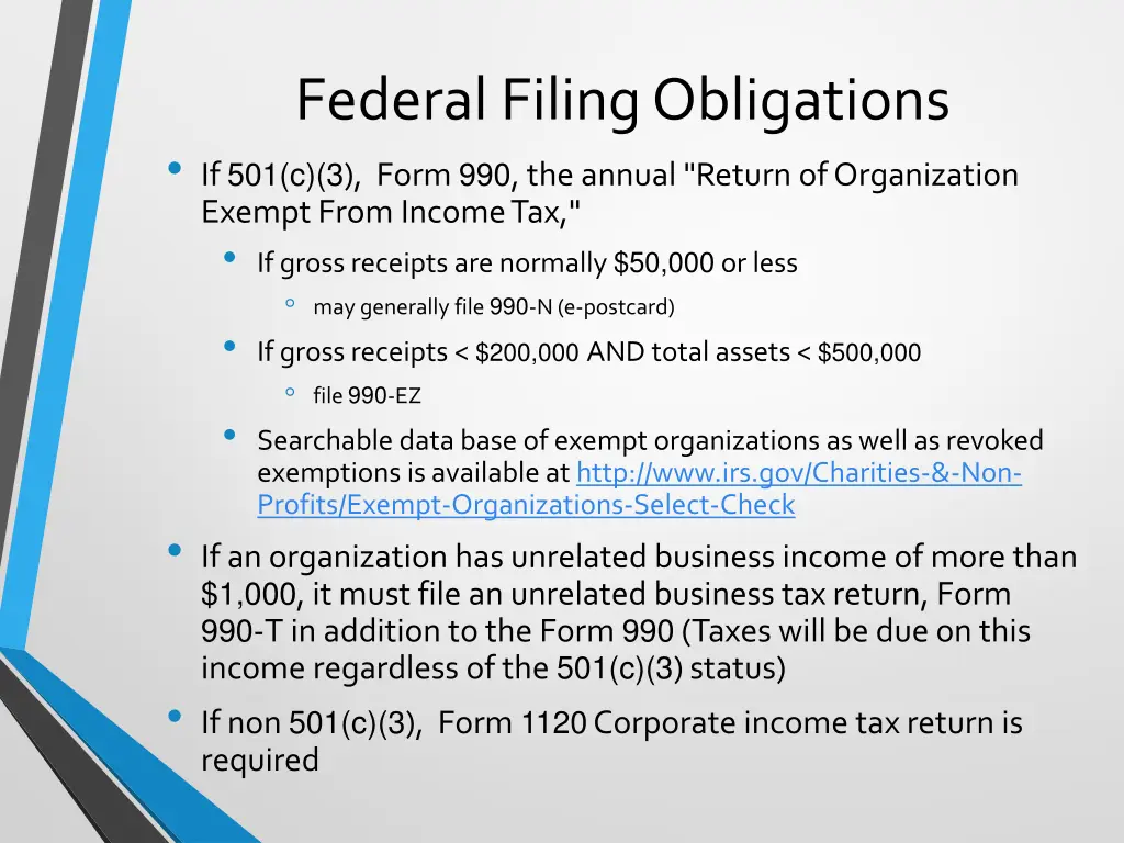 federal filing obligations if 501 c 3 form