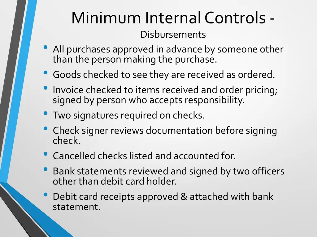 minimum internal controls disbursements