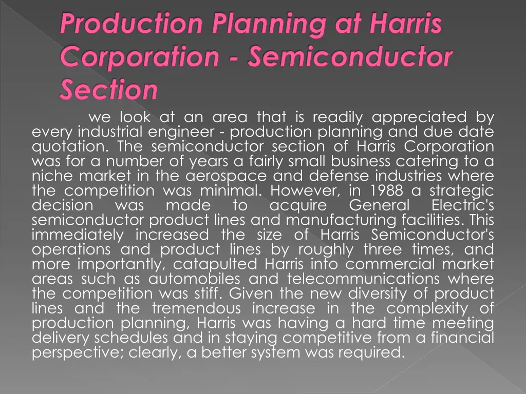 production planning at harris corporation