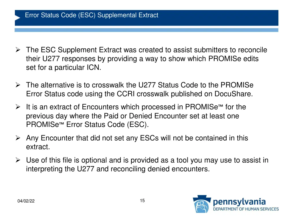 error status code esc supplemental extract