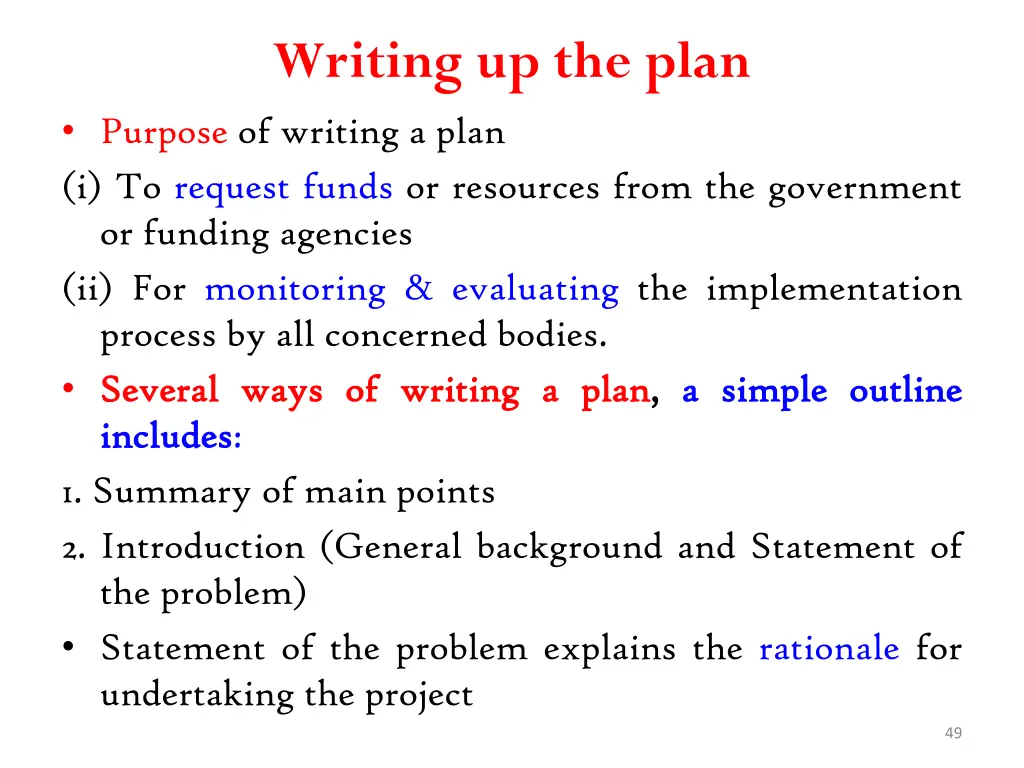 writing up the plan purpose of writing a plan