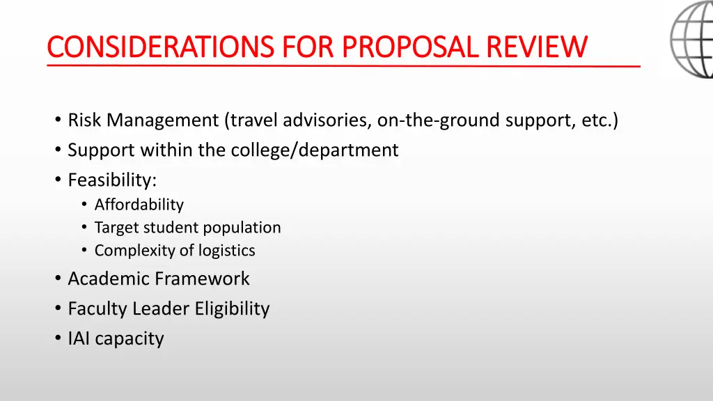 considerations for proposal review considerations