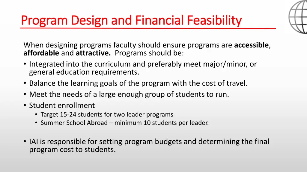 program design and financial feasibility program