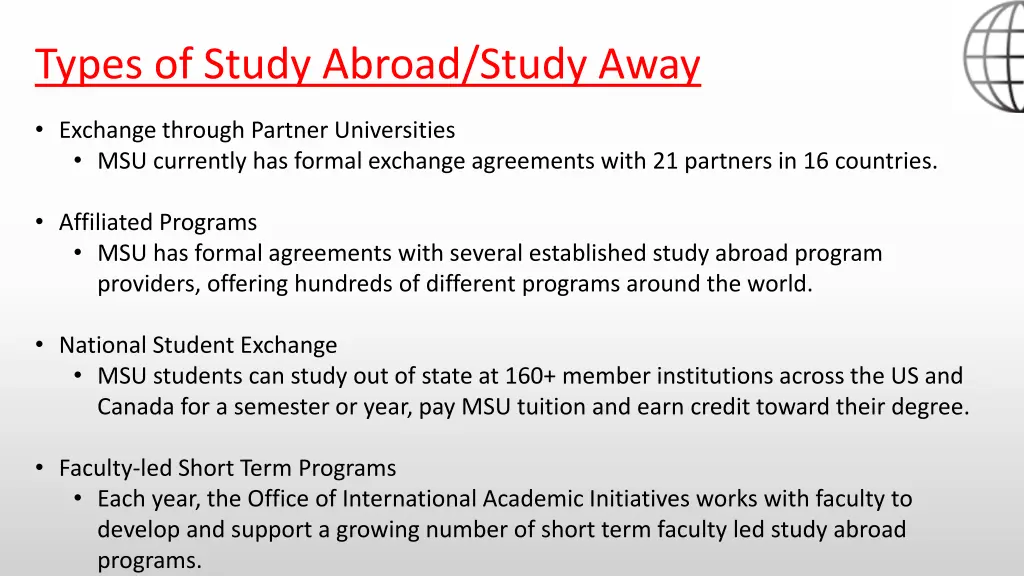 types of study abroad study away