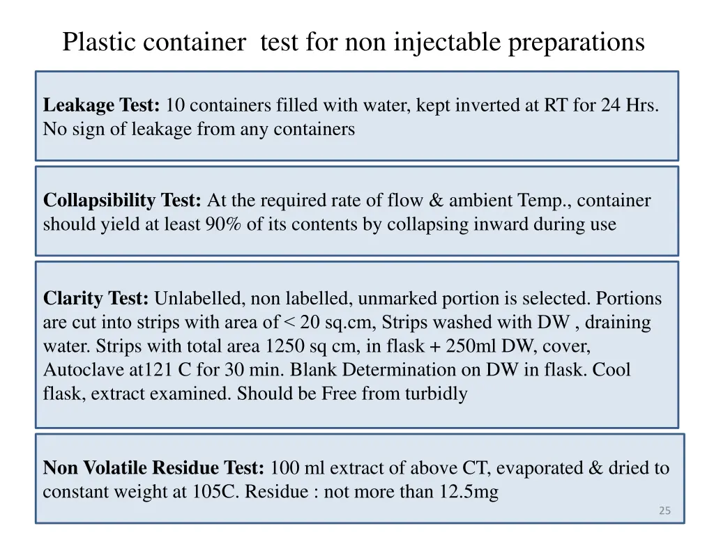 plastic container test for non injectable