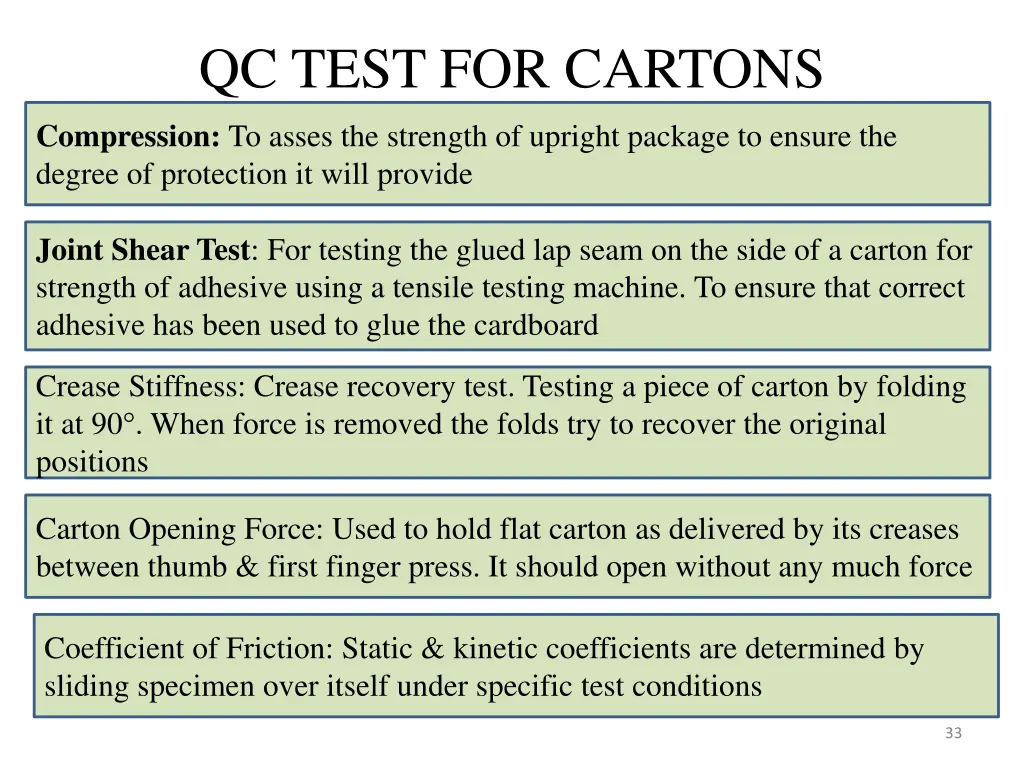 qc test for cartons