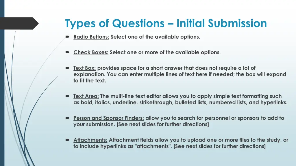 types of questions initial submission