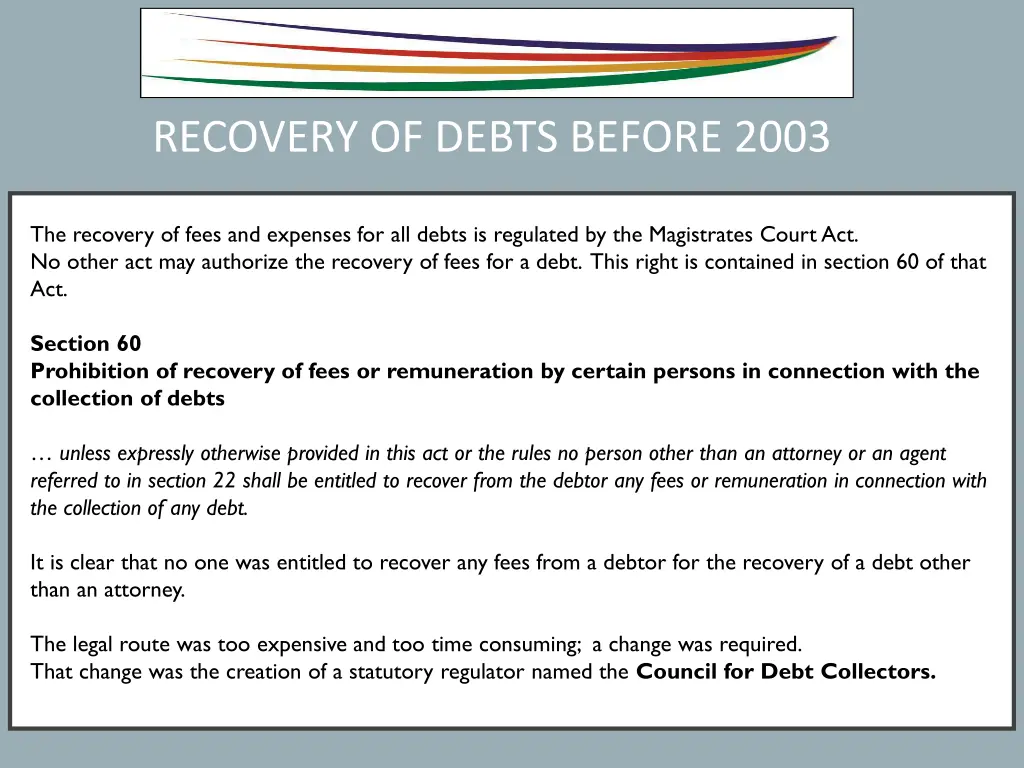 recovery of debts before 2003