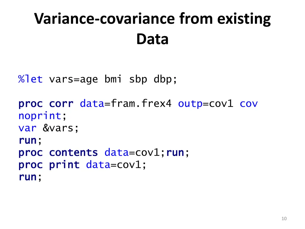 variance covariance from existing data