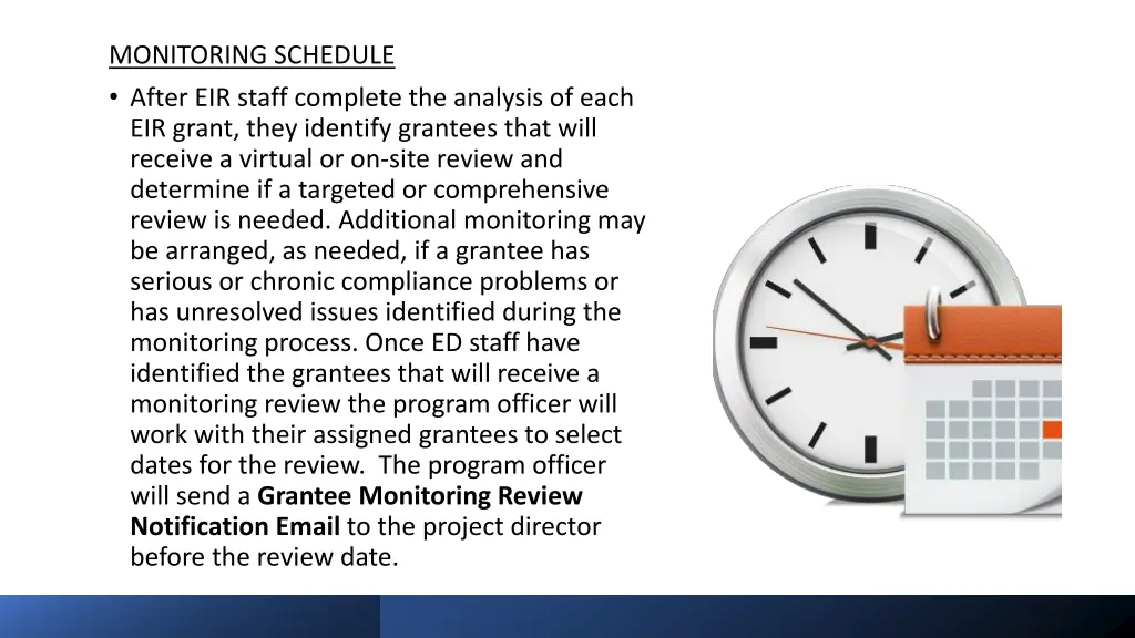 monitoring schedule after eir staff complete