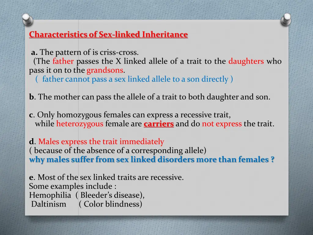 characteristicsof sex linked inheritance