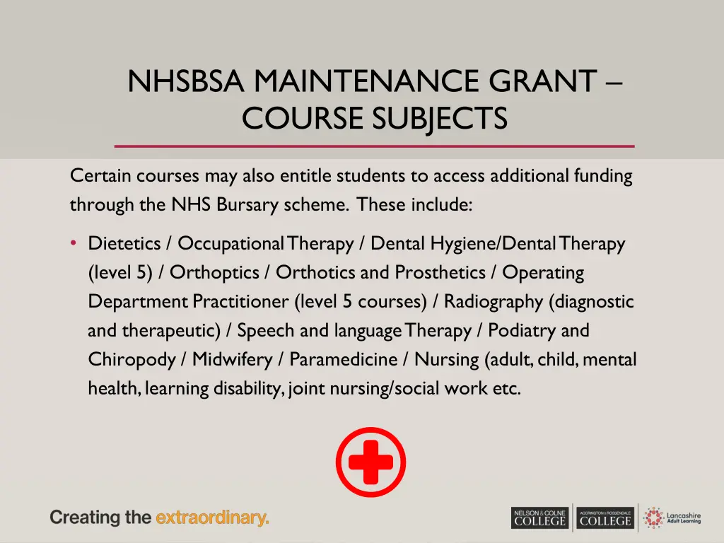 nhsbsa maintenance grant course subjects