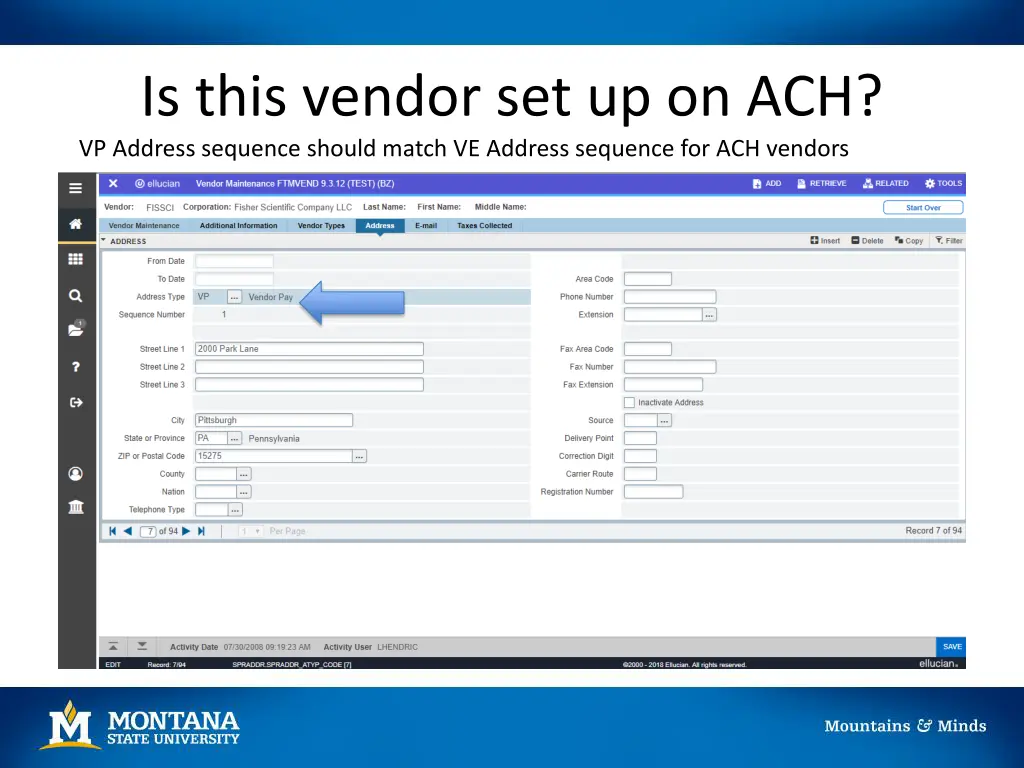 is this vendor set up on ach vp address sequence