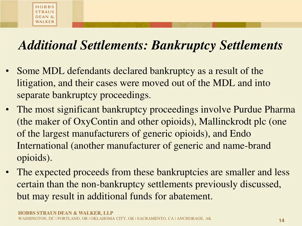 additional settlements bankruptcy settlements