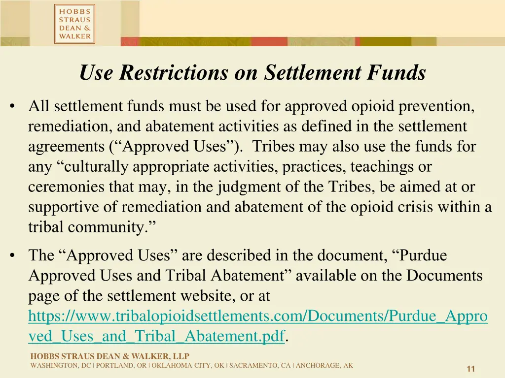 use restrictions on settlement funds