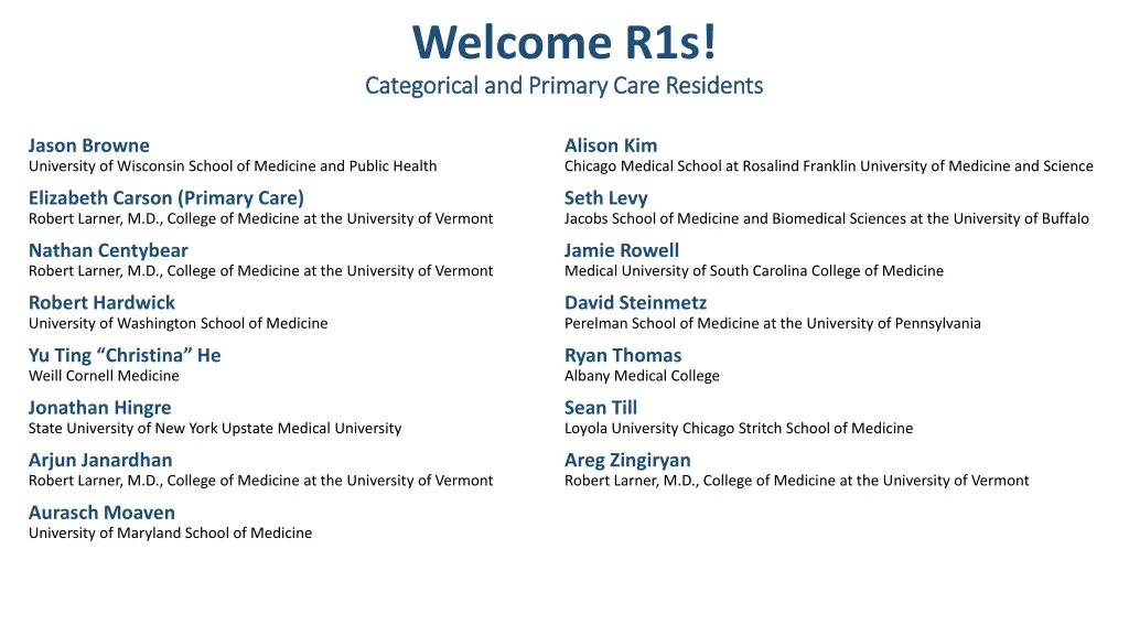 welcome r1s categorical and primary care