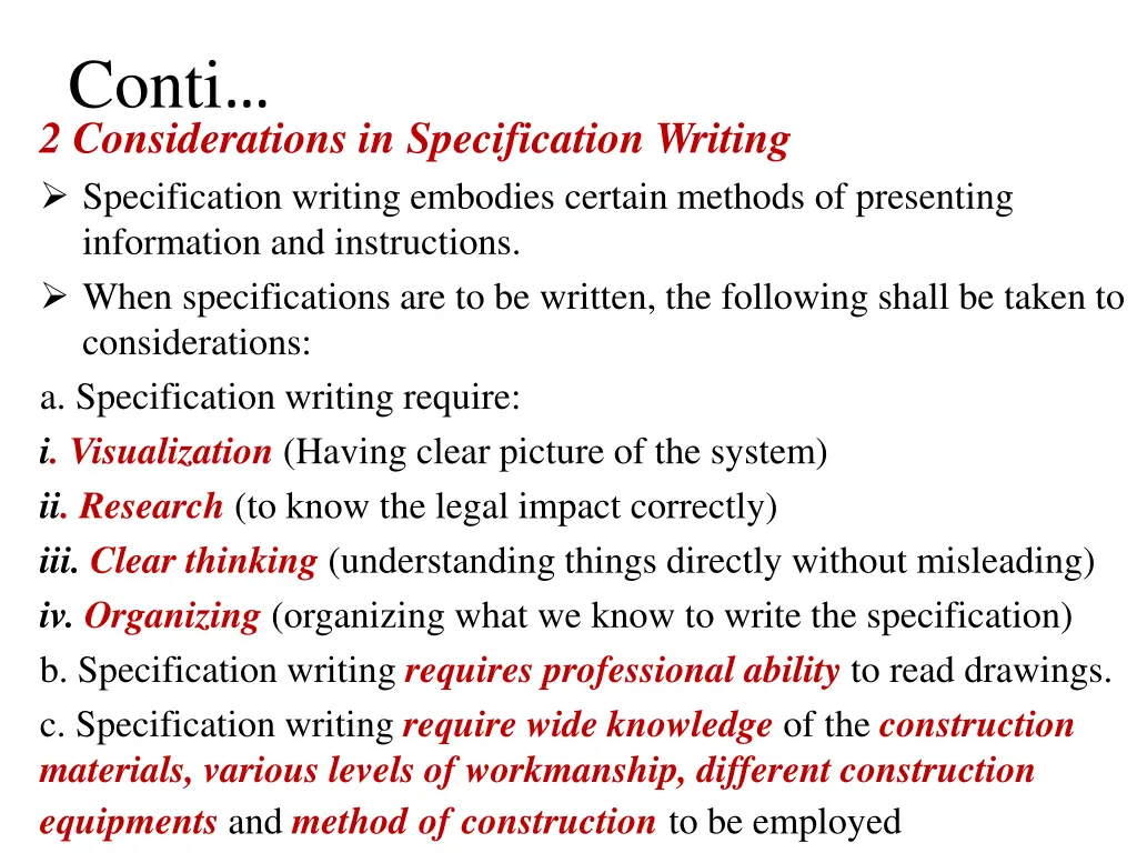 conti 2 considerations in specification writing