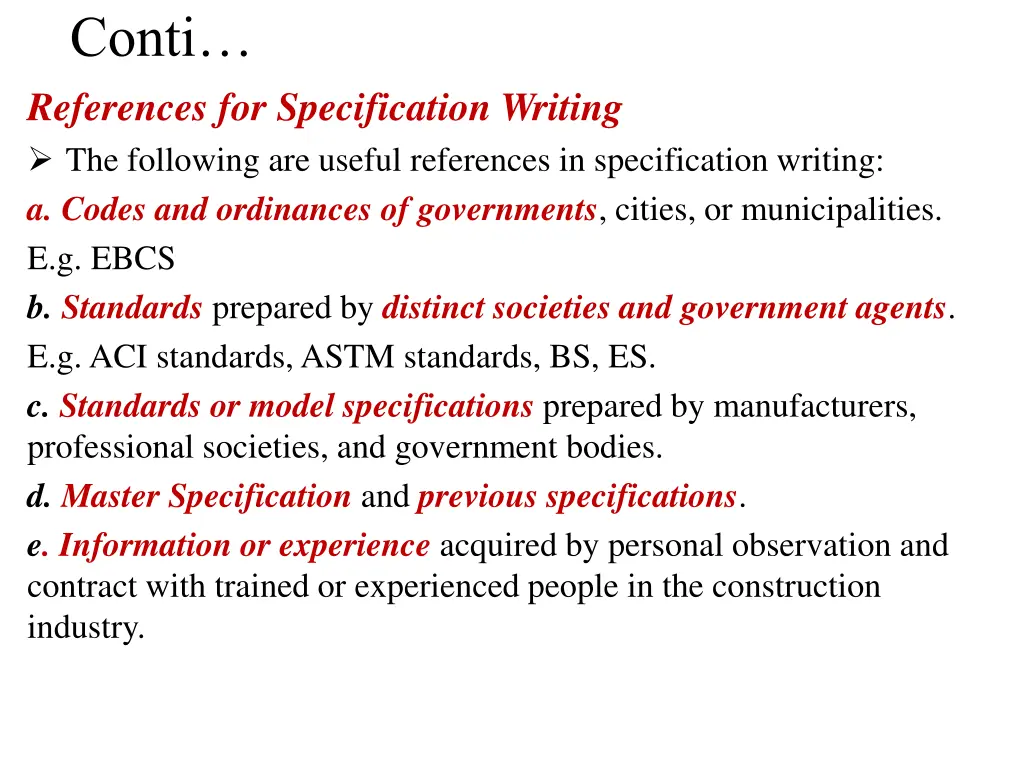 conti references for specification writing