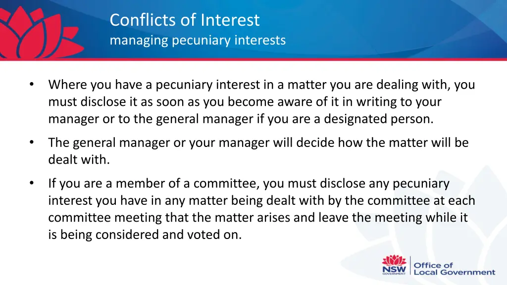 conflicts of interest managing pecuniary interests