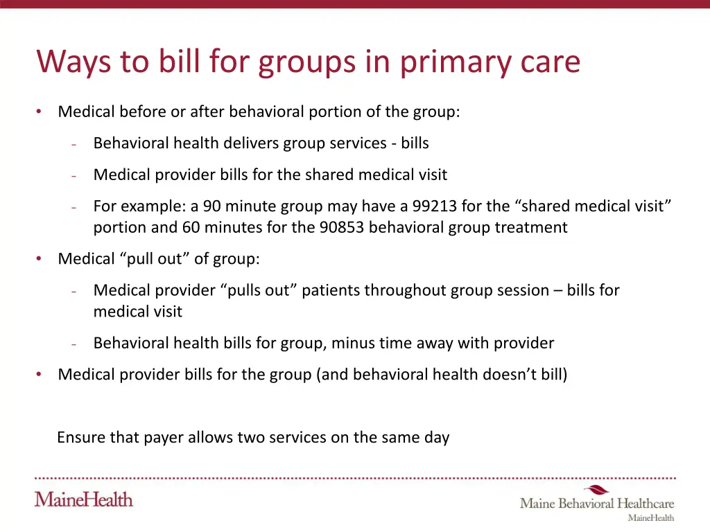 ways to bill for groups in primary care