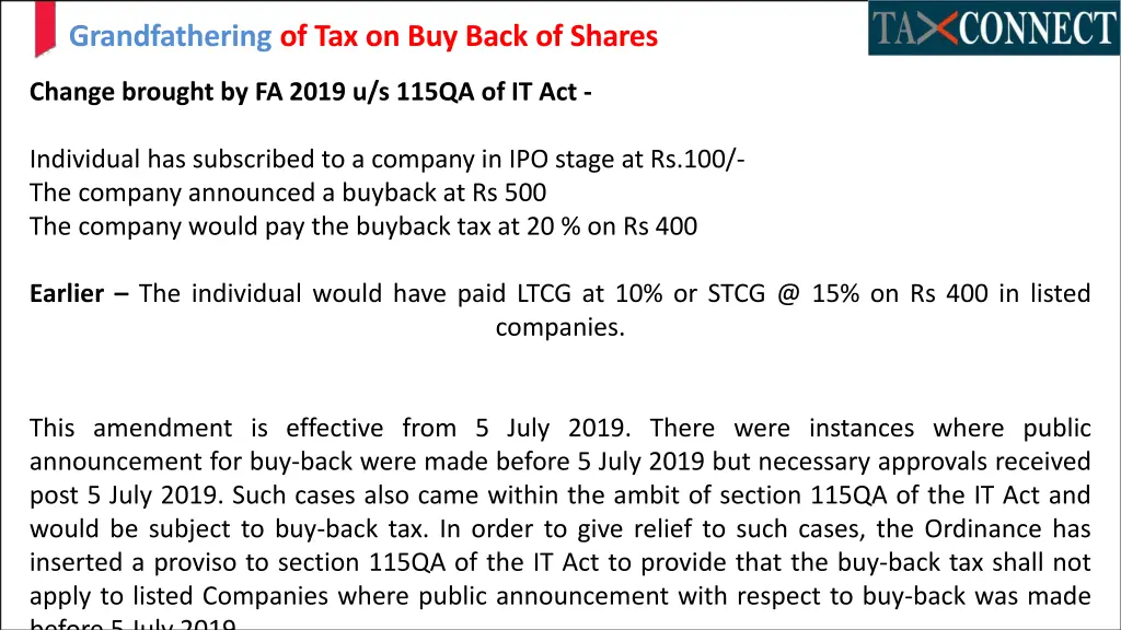 grandfathering of tax on buy back of shares