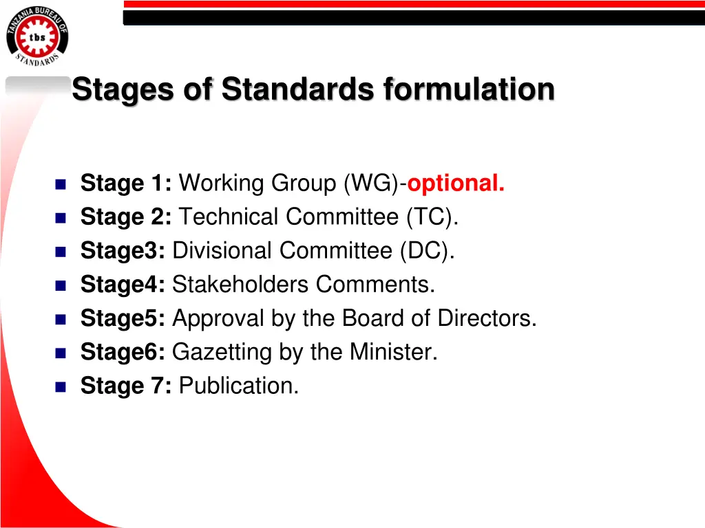 stages of standards formulation