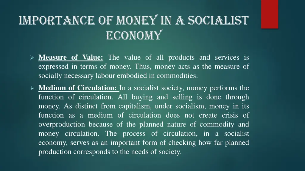 importance of money in a socialist economy