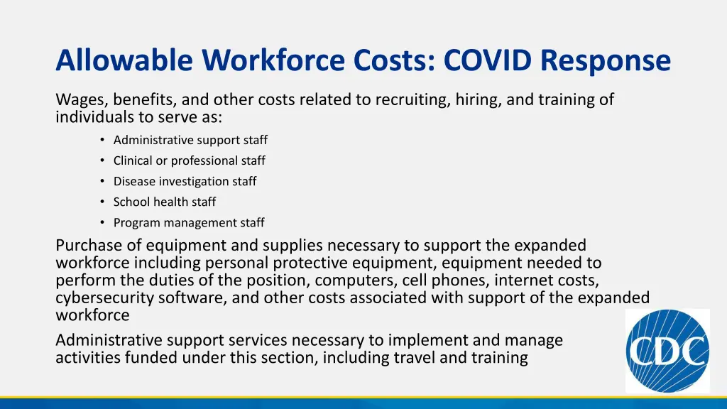 allowable workforce costs covid response