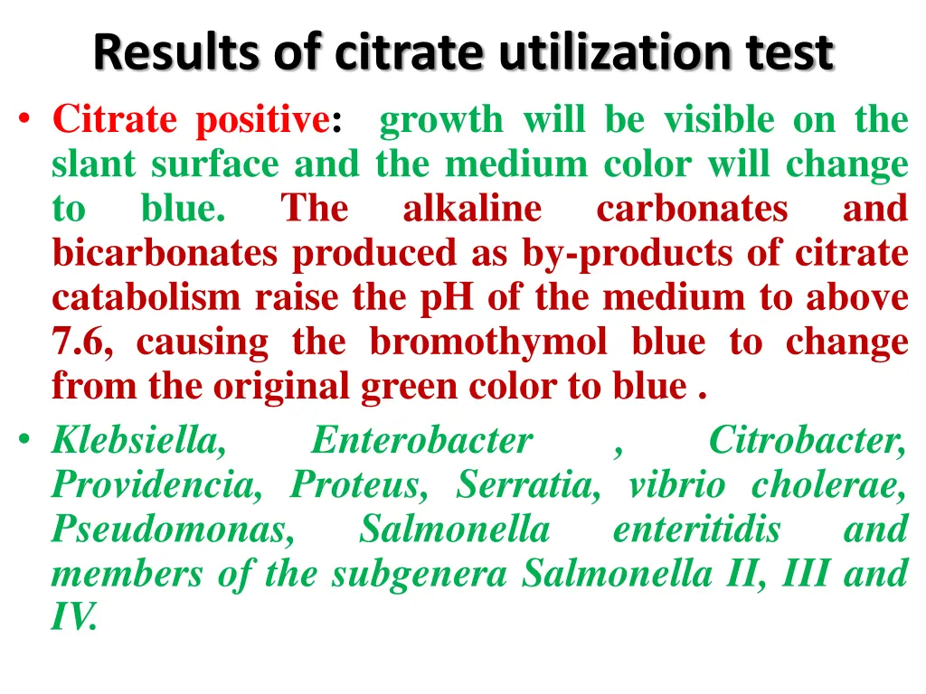 results of citrate utilization test citrate