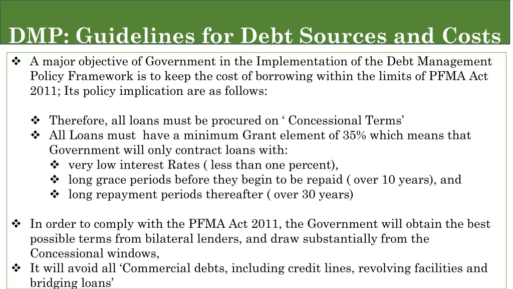 dmp guidelines for debt sources and costs a major