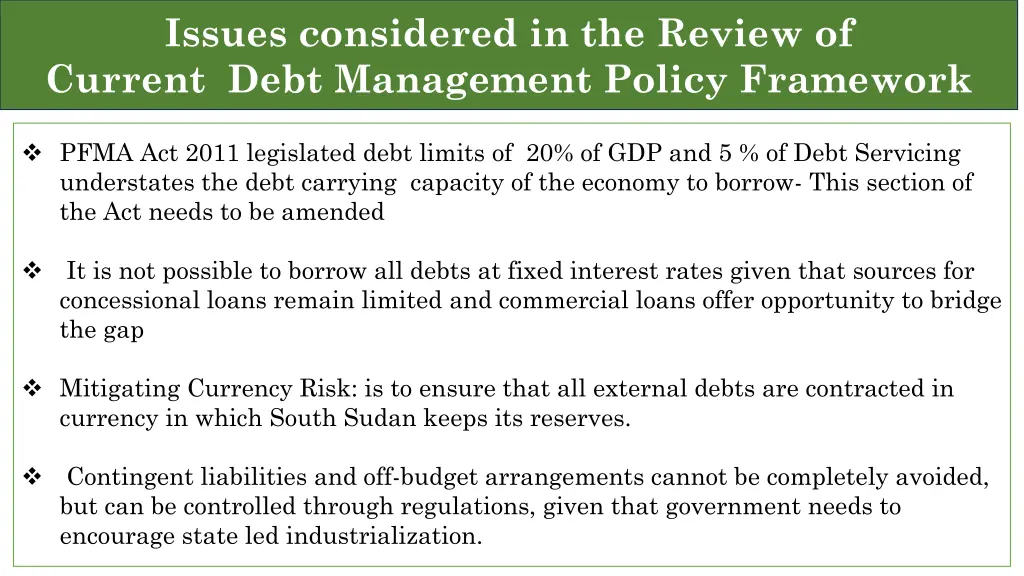 issues considered in the review of current debt