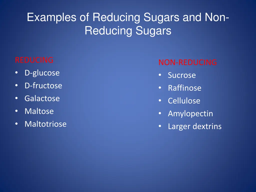 examples of reducing sugars and non reducing