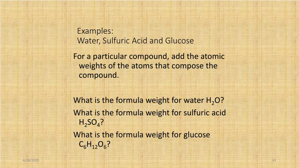 examples water sulfuric acid and glucose