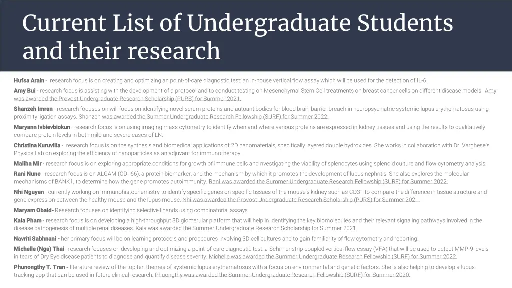 current list of undergraduate students and their