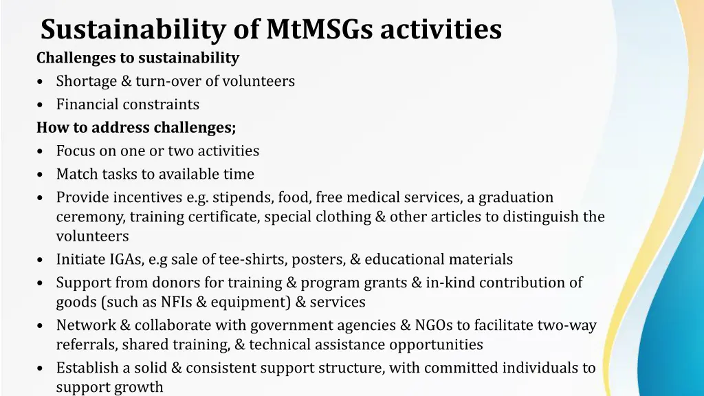 sustainability of mtmsgs activities challenges