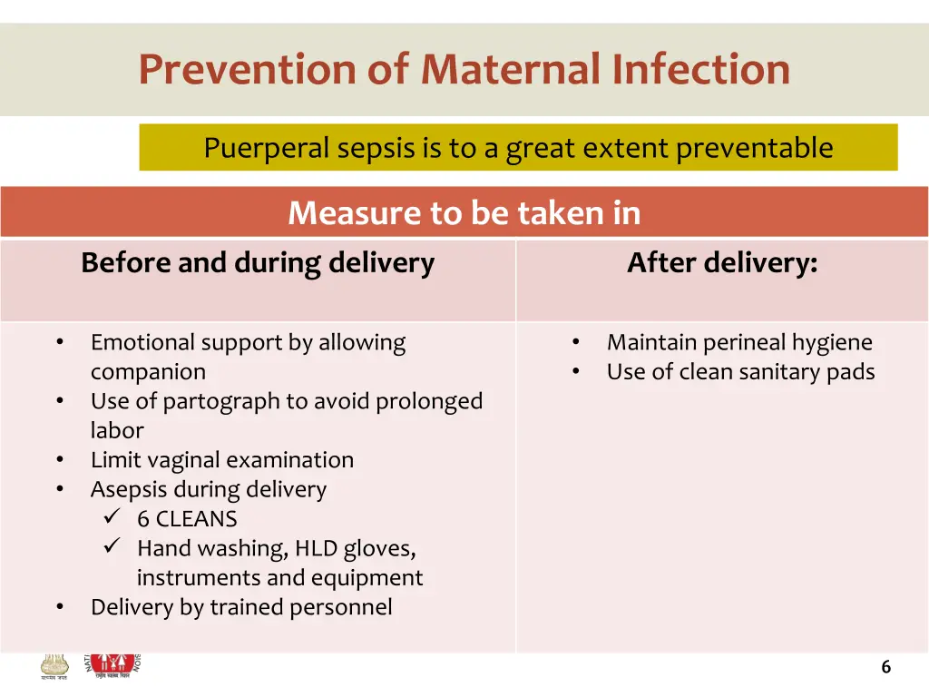 prevention of maternal infection