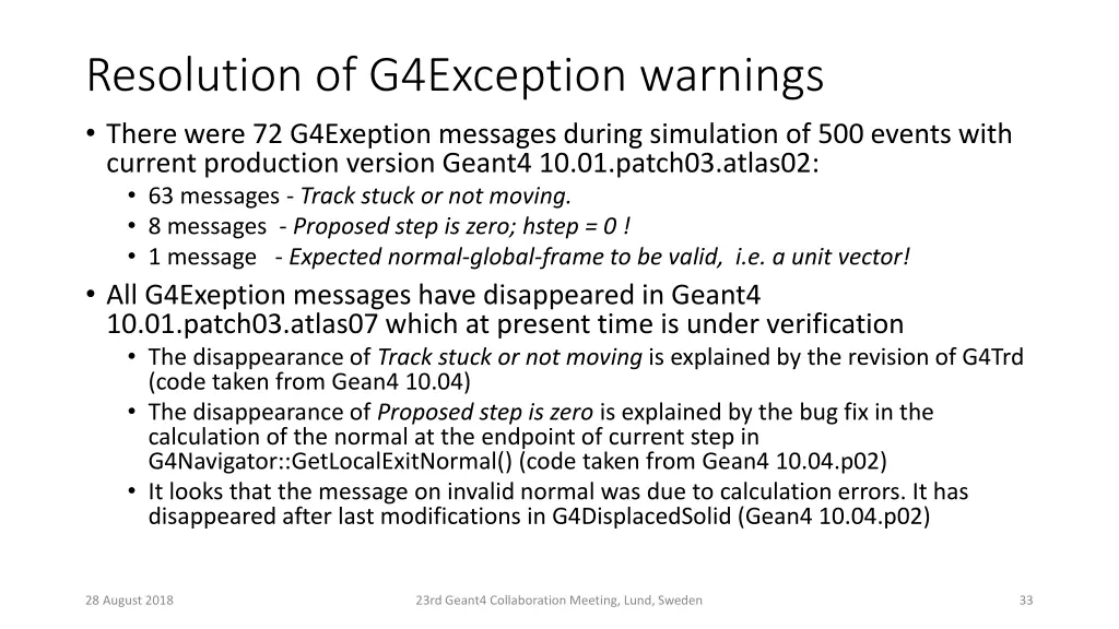 resolution of g4exception warnings there were