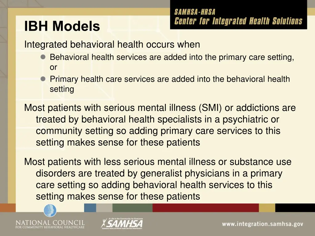 ibh models integrated behavioral health occurs