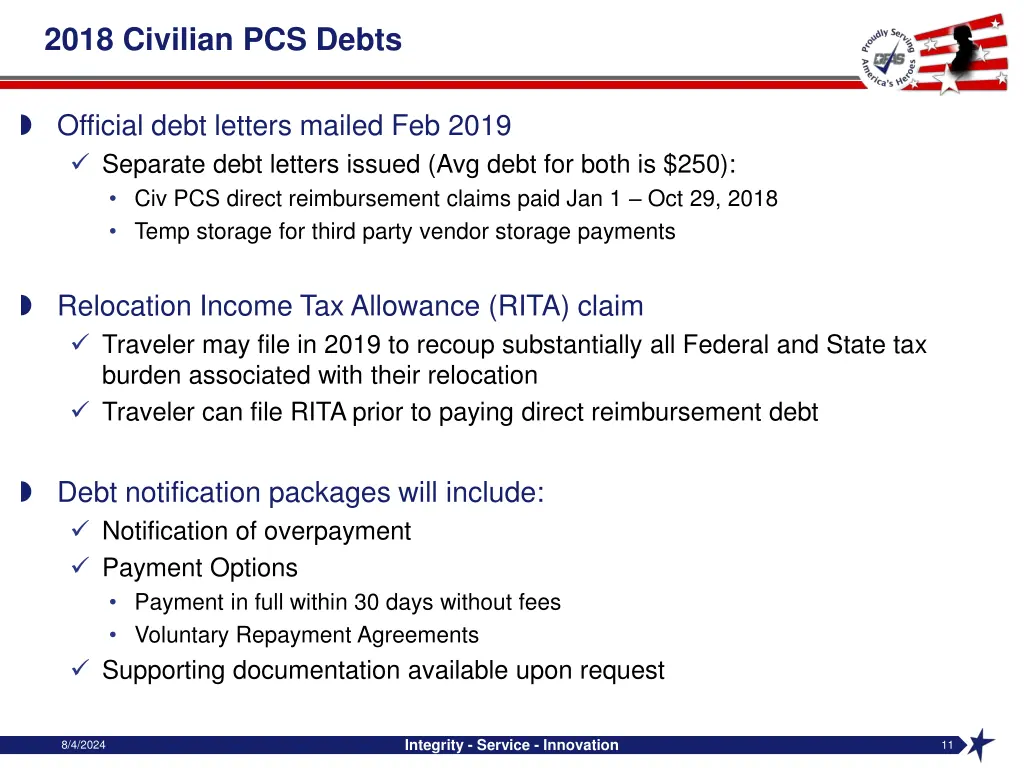 2018 civilian pcs debts