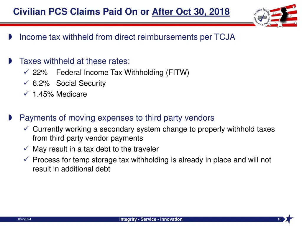 civilian pcs claims paid on or after oct 30 2018