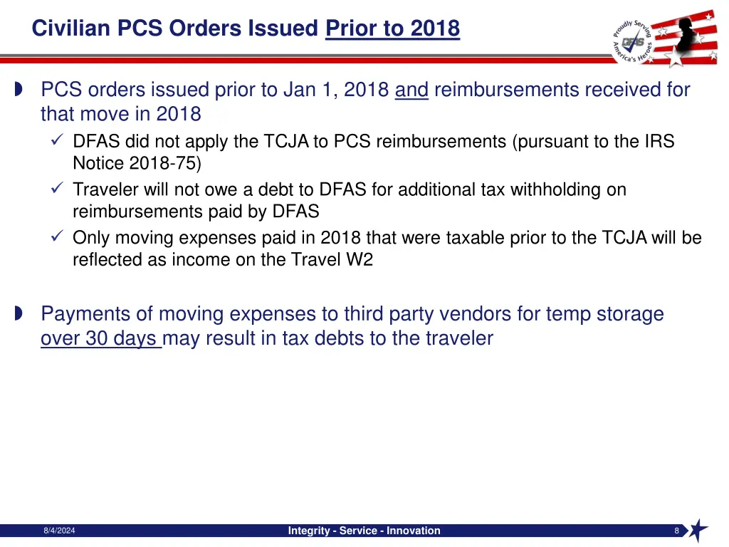 civilian pcs orders issued prior to 2018