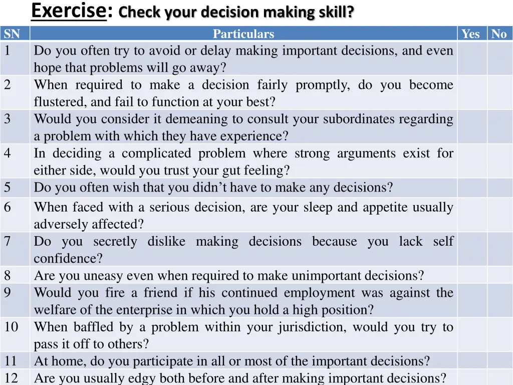 exercise check your decision making skill