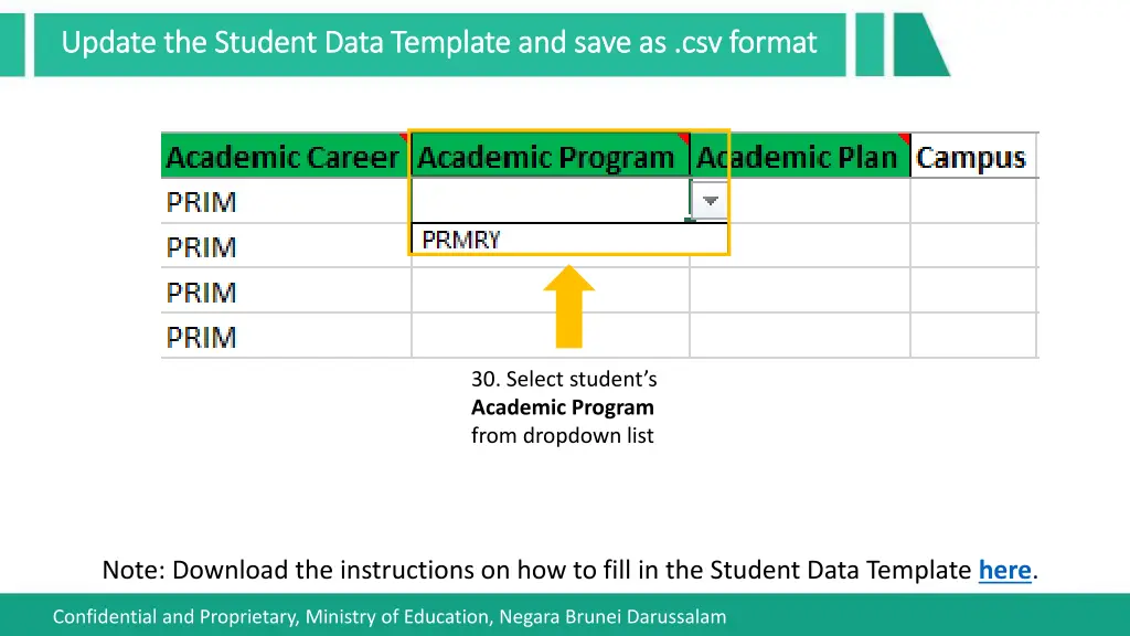 update the student data template and save 15