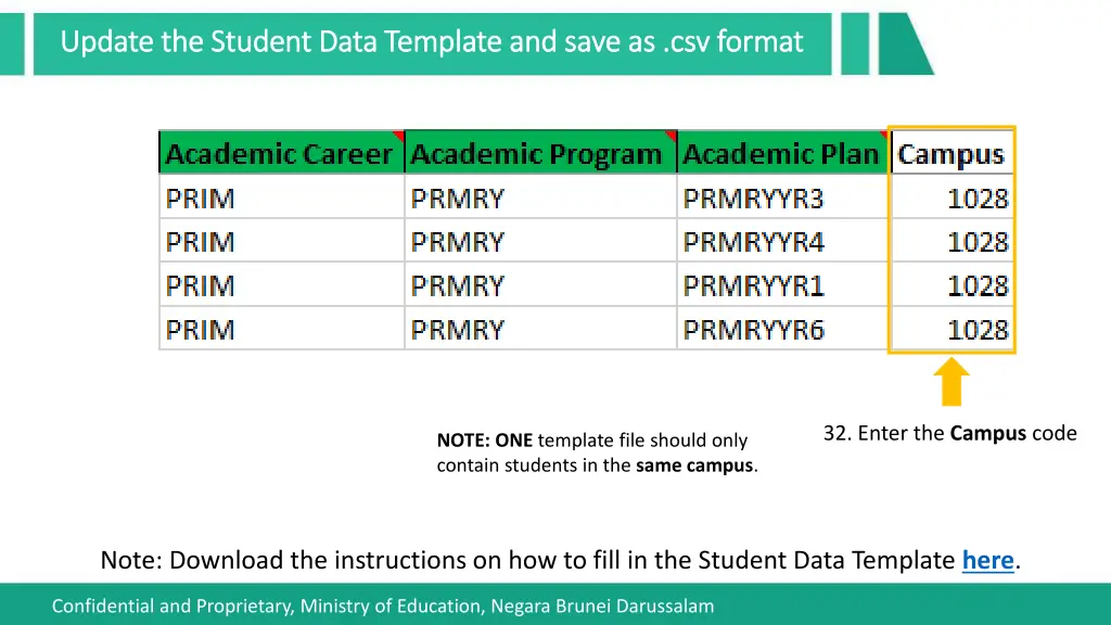 update the student data template and save 17