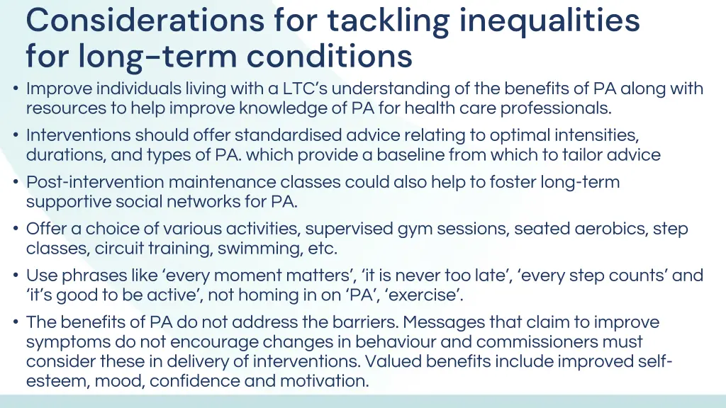 considerations for tackling inequalities for long